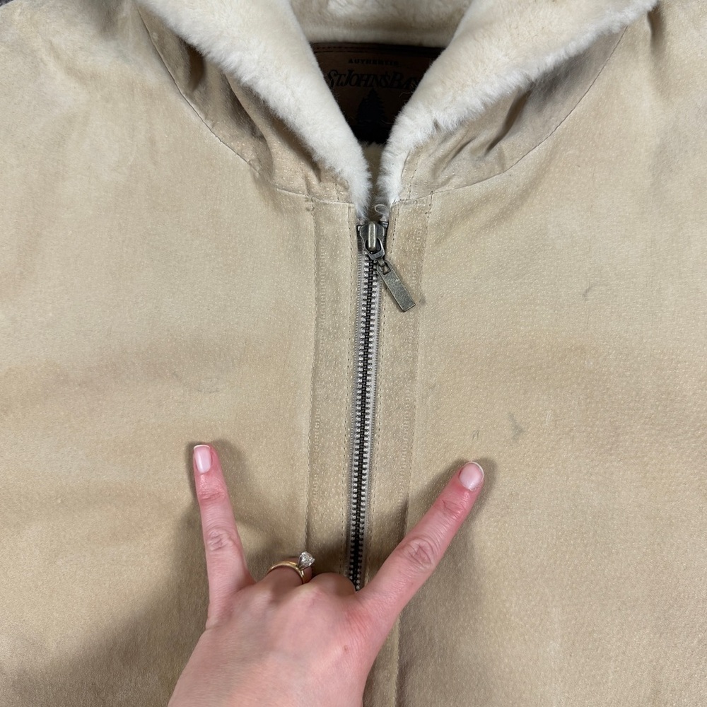 St John’s Bay Tan Suede Leather Parka Jacket Womens XL Full Zip Hooded Fur Lined - Picture 8 of 10